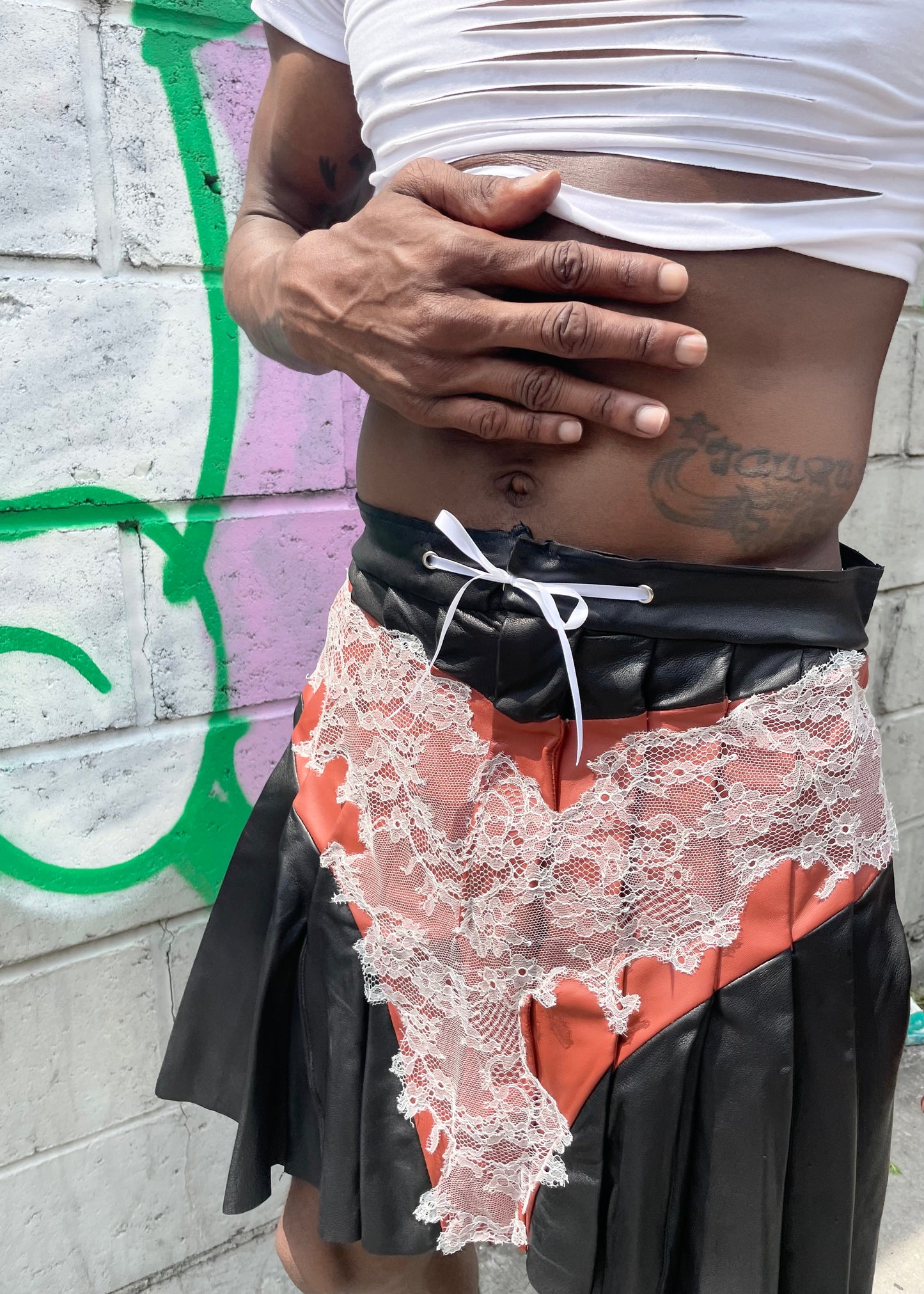 Black Red & White // Leather Pleated Skirt