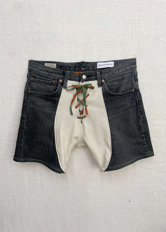 Black Denim Shorts // White, Orange & Green Leather